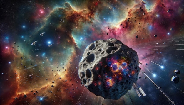 Un viaggio cosmico epico una scena drammatica di un meteoroide che passa davanti a una nebulosa colorata con veicoli spaziali che esplorano i territori inesplorati dello spazio asteroidi interstellari esplorazione delle stelle della galassia