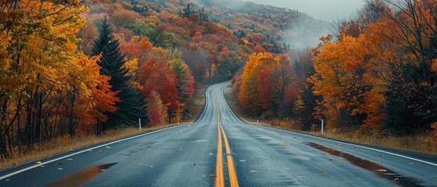 Un viaggio in auto su una strada panoramica circondata da fogliame autunnale che trasmette la bellezza dei viaggi su strada e s