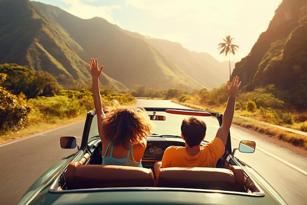 Un viaggio in auto, una vacanza, una coppia felice che guida un'auto convertibile.