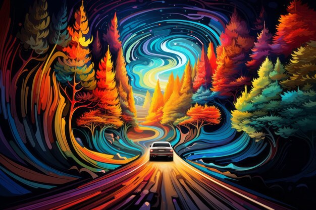 Un viaggio incantevole Una ruota vibrante in mezzo ai colori vorticosi di una strada boschiva