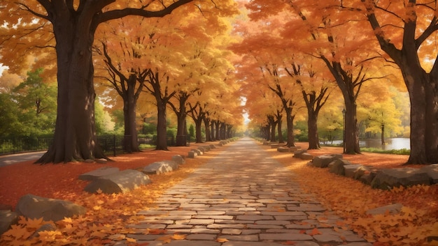 Un viale alberato con foglie in varie tonalità autunnali che creano una splendida chioma