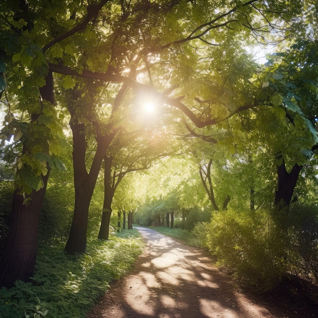 Un viale alberato con il sole che splende attraverso di esso