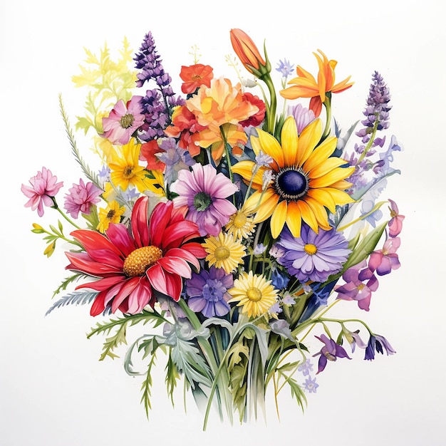 Un vibrante bouquet di fiori di campo, ogni petalo è un'esplosione unica di colore e consistenza. Acquerello