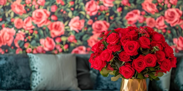 Un vibrante bouquet di rose rosse per il giorno di San Valentino sullo sfondo di una parete a tema rosa Concept Valentine39s Day Red Roses Rosethemed Wall Backdrop Vibrant Bouquet