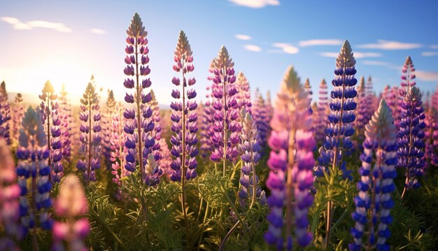 Un vibrante campo di fiori viola sotto un cielo azzurro e limpido