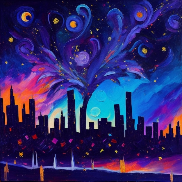 Un vibrante dipinto astratto di un cielo notturno stellato con un paesaggio cittadino a silhouette sullo sfondo