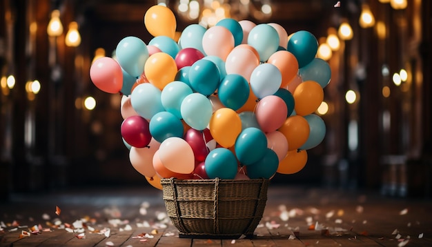 Un vibrante mazzo di palloncini illumina un allegro evento celebrativo generato dall'intelligenza artificiale
