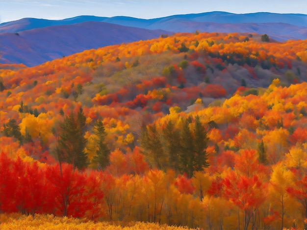 Un vibrante paesaggio autunnale con un caleidoscopio di foglie rosse arancioni e gialle generate ai