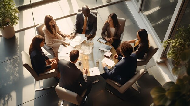 Un vibrante team multiculturale impegnato in una discussione produttiva al tavolo della sala conferenze