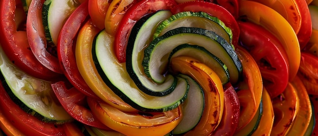 Un vibrante vortice di verdure colorate tra cui peperoncini rossi fiori di broccoli pomodori di ciliegio e fagioli verdi si snoda verso l'esterno da un punto centrale