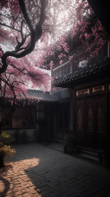 Un vicolo buio con un albero rosa e un edificio con un'insegna che dice "cinese"