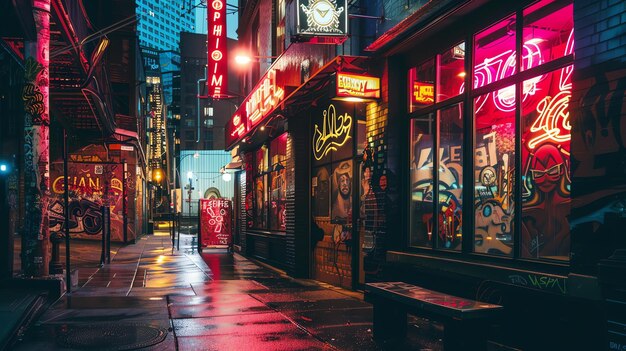 Un vicolo buio e piovoso della città L'unica luce viene dai cartelli al neon dei negozi e dei bar che fiancheggiano la strada