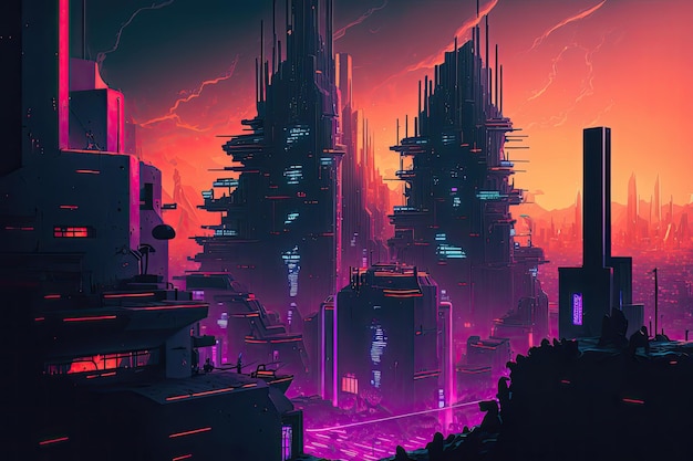 Un vicolo del metaverso in stile cyberpunk con luci al neon oscure e inquietanti, edifici imponenti e ombre minacciose che creano una sensazione di presagio Generato dall'IA
