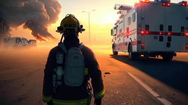 Un vigile del fuoco cammina lungo una strada con un camion dei pompieri sullo sfondo.