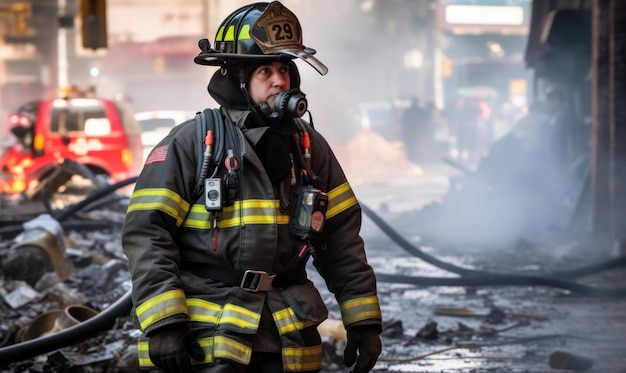 Un vigile del fuoco che indossa una maschera antigas si trova di fronte a un incendio che è stato danneggiato.