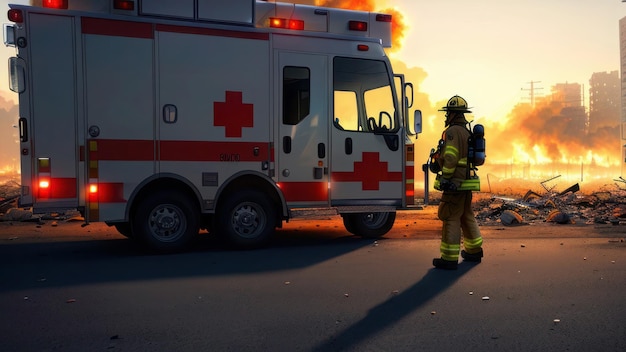 Un vigile del fuoco si trova davanti a un'ambulanza della Croce Rossa.