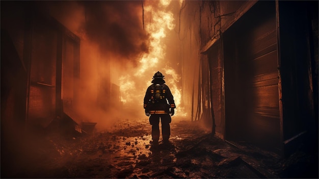Un vigile del fuoco si trova di fronte a un edificio in fiamme.
