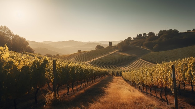 Un vigneto con colline e alberi sullo sfondo