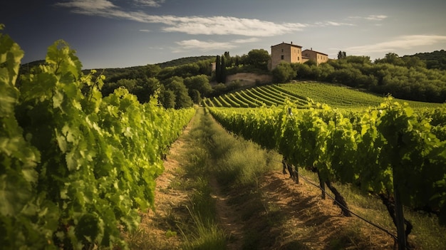 Un vigneto con una collina sullo sfondo