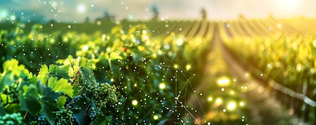 Un vigneto futuristico con viti in fiore sotto un cielo luminoso