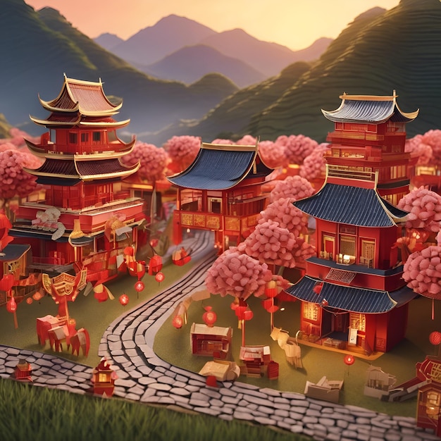 Un villaggio adornato con intricate decorazioni di carta che creano un'atmosfera festiva per il Lunar New Yea