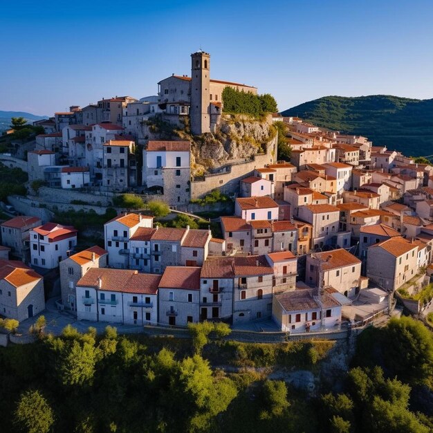 un villaggio con una chiesa in cima