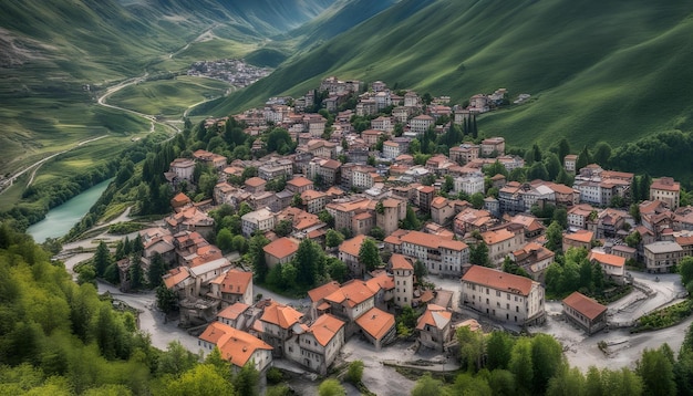 un villaggio con una montagna verde sullo sfondo