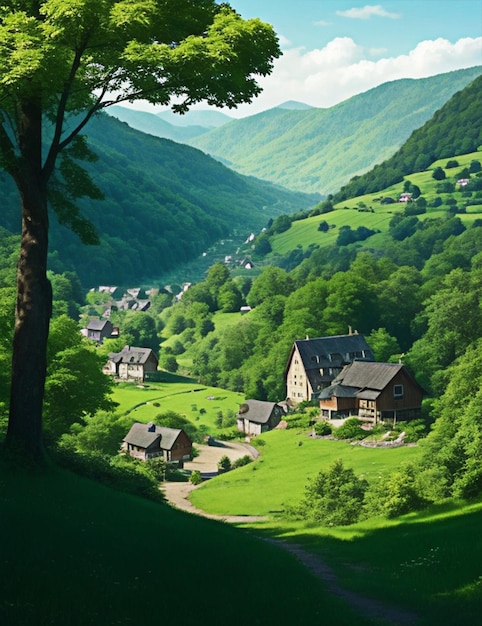 un villaggio in mezzo alla foresta nelle montagne coperto da alberi e diverse persone che camminano