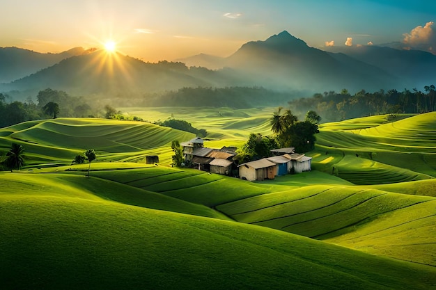 Un villaggio in montagna al tramonto