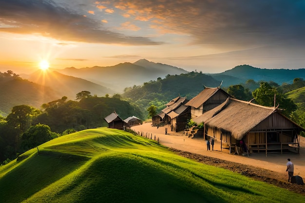 Un villaggio in montagna con un tramonto sullo sfondo