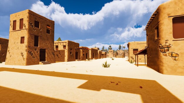 Un villaggio nel deserto in un mondo virtuale un'illustrazione di rendering 3d progettata da un computer