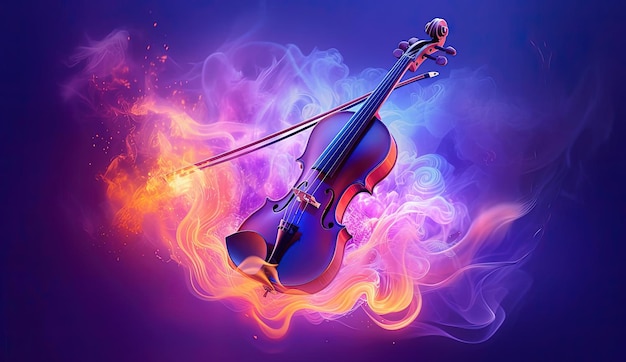 un violino che brucia nel fumo nello stile della viola