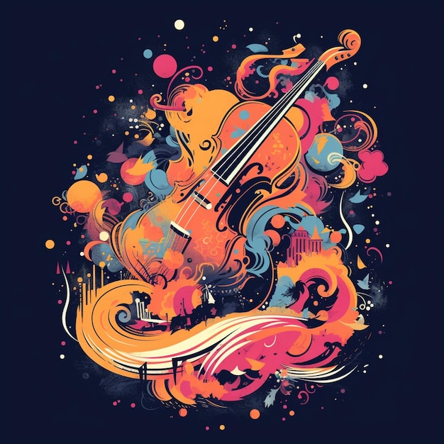Un violino colorato con uno sfondo nero e turbinii colorati.
