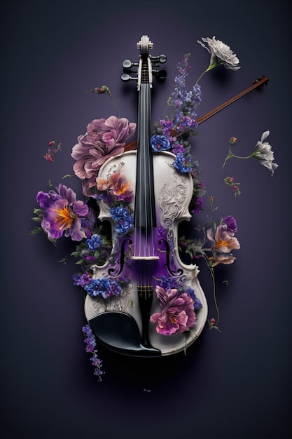 Un violino con fiori viola e sopra un violino bianco.