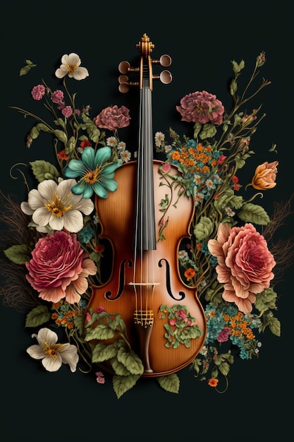 Un violino con sopra fiori e rose.