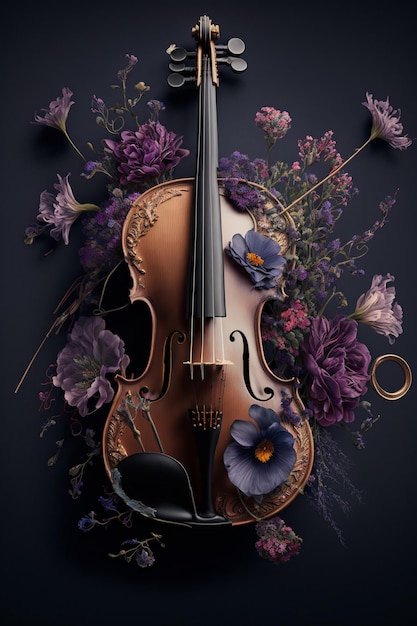 Un violino con un fiore viola e un fiocco nero sopra.