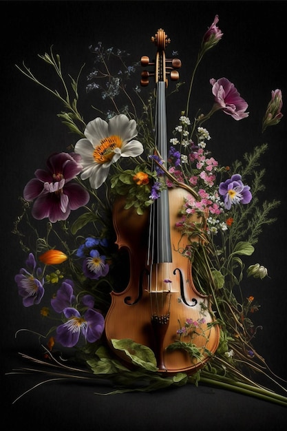 Un violino è circondato da fiori e da un violino.