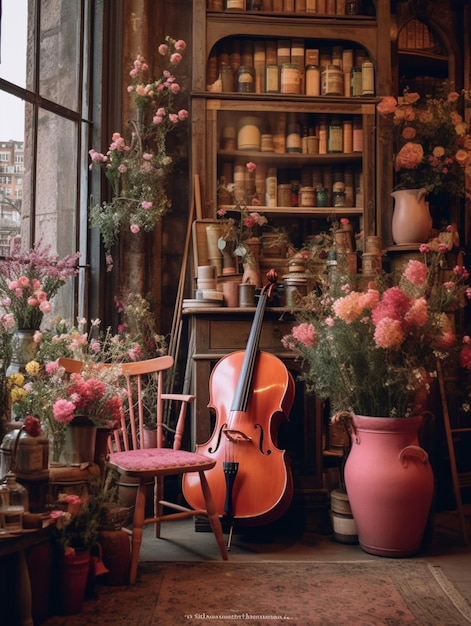 Un violino è in una stanza con un vaso di fiori e un vaso di rose.