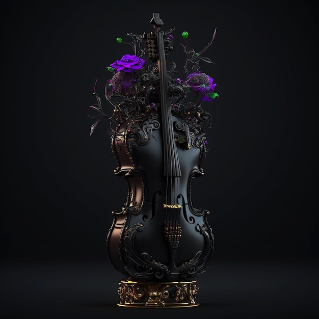 Un violino nero con fiori viola dentro.