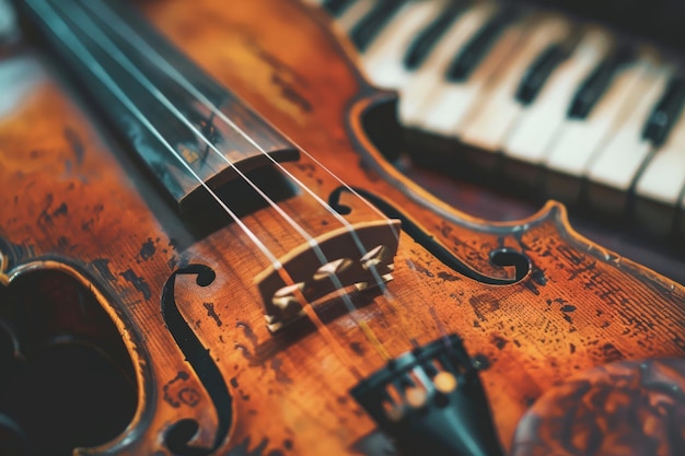 Un violino seduto elegantemente accanto a una tastiera di pianoforte simboleggia un momento di tranquillità musicale