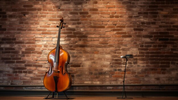 Un violoncello e un microfono davanti a un muro di mattoni