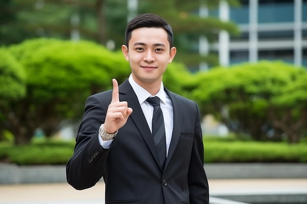 Un viso bello e amichevole, un sorriso di uomo d'affari asiatico in abito formale.