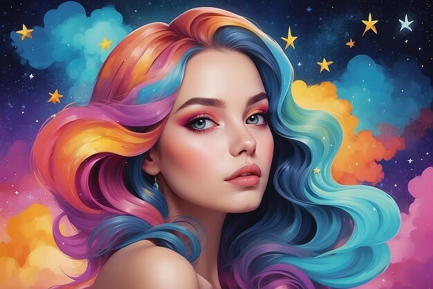Un viso di donna con nuvole e stelle colorate
