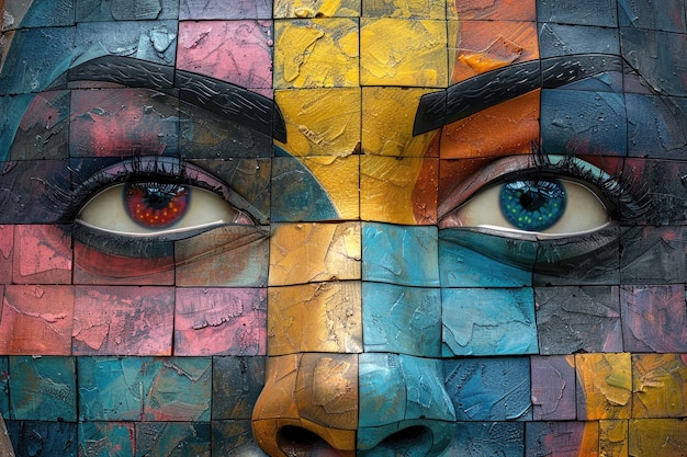 Un viso vibrante dipinto in un audace stile cubista.