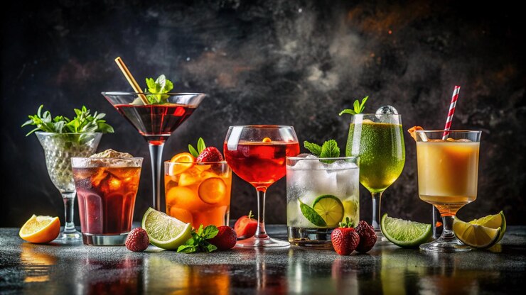 Foto un vivace assortimento di cocktail colorati in vetri eleganti