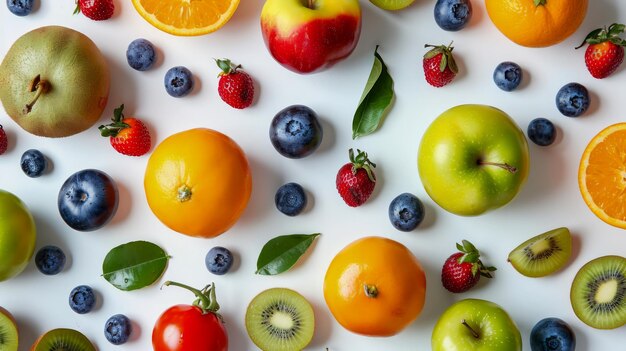 Un vivace assortimento di frutta e bacche fresche su uno sfondo bianco Concetto di alimentazione sana