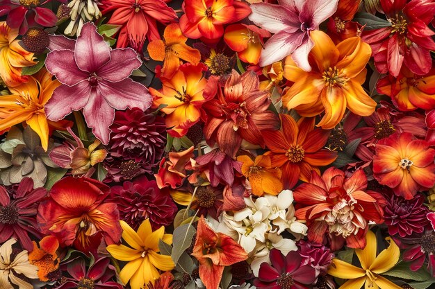 Un vivace assortimento di vari fiori e petali freschi in piena fioritura Uno sfondo floreale colorato