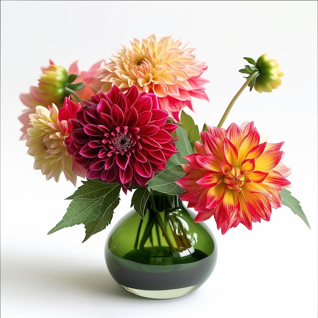 Un vivace bouquet di dahlie multicolori presentate in un vaso verde su uno sfondo bianco ideale