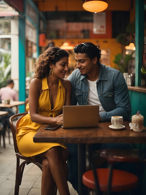 Un vivace caffè colombiano con un uomo e una donna che abbracciano lo stile di vita digitale utilizzando il loro laptop