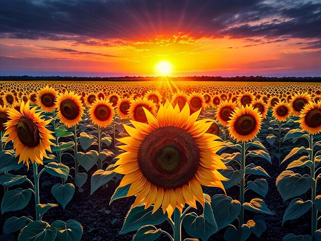 Un vivace campo di girasoli al tramonto